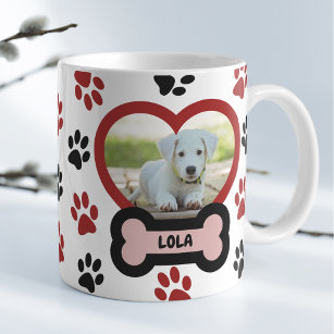 Mug Cute Pet Chien Photo Coeur Red & Black Paws Motif