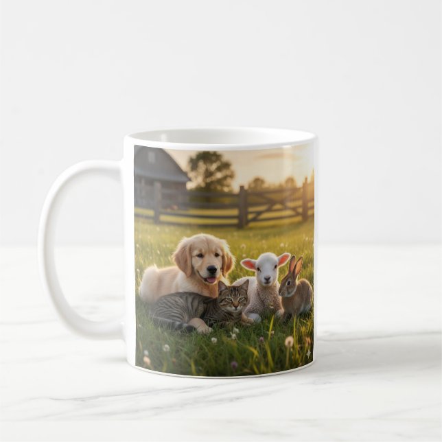 Mug Cute pets group, Golden Retriever and cat. (Gauche)