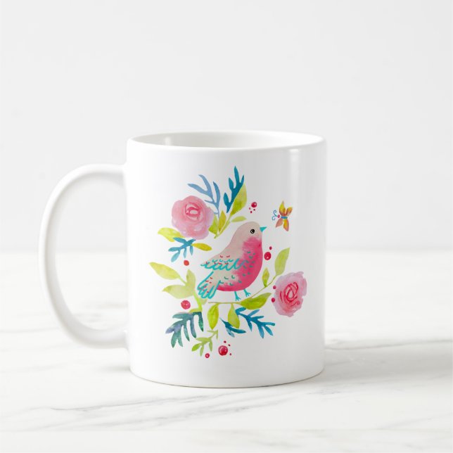 Mug Cute pink bird on a branch. (Gauche)