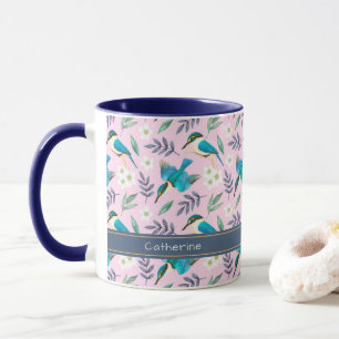 Mug Cute Pink Kingfisher Birds Floral Nom du motif