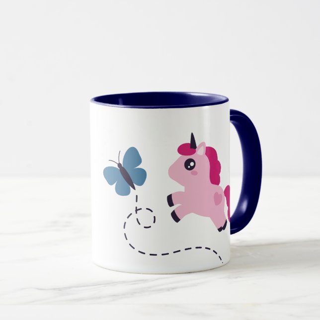 Mug Cute Pink Unicorn avec un Papillon (Devant droit)