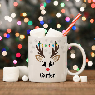 Mug Cute Reindeer Garçon Feux de Noël Nom personnalisé