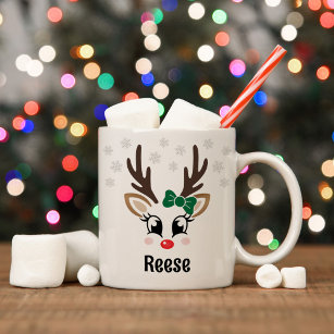 Mug Cute Reindeer Girl Green Bow Nom personnalisé Noël