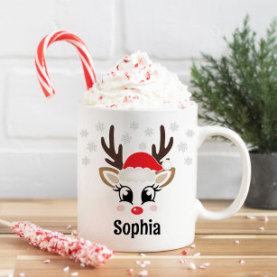 Mug Cute Reindeer Girl Santa Hat Nom personnalisé Noël