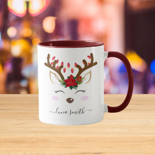 Mug Cute Reindeer Joyeux Noël Cadeau Maroon Café