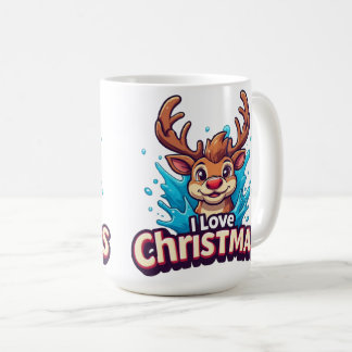 Mug Cute Reindeer Mascot With 'I Love Christmas' Text
