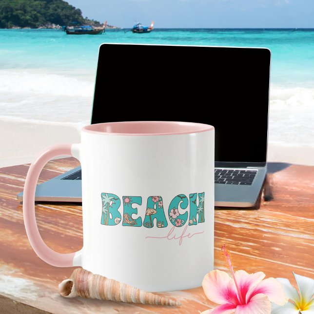 Mug Cute Retro Beach Life Café (The perfect coffee mug for remote work or a family vacation at a beachfront B & B.)