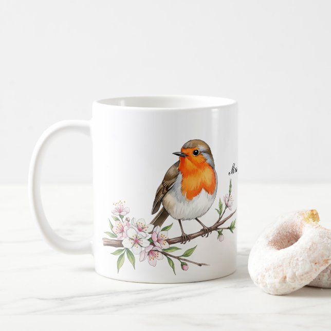 Mug Cute Robin Bird sur Floral Branch Nom personnalisé (Avec donut)