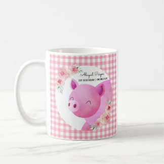 Mug Cute Rose En vichy Flore Cochon ferme animal Barny