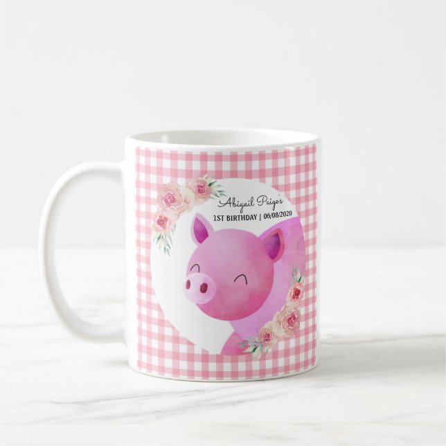 Mug Cute Rose En vichy Flore Cochon ferme animal Barny (Gauche)