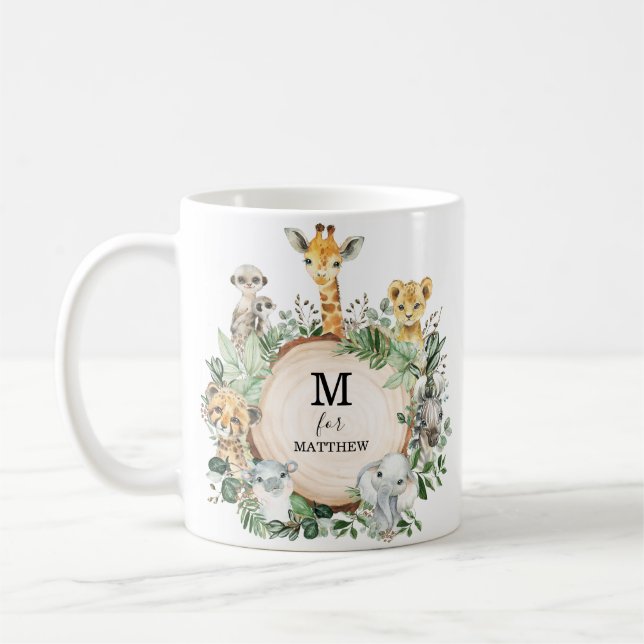 Mug Cute Safari Animaux Jungle Verdure Garçon Monogram (Gauche)