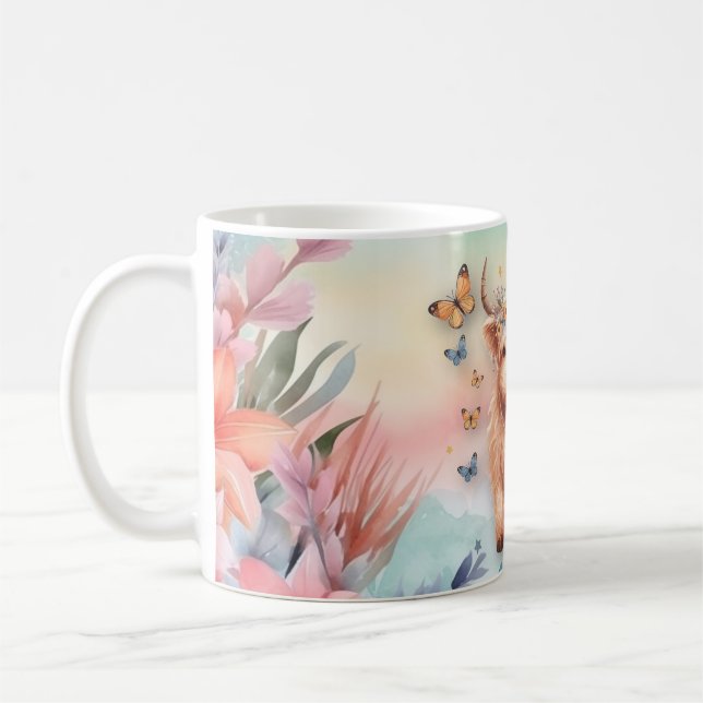Mug Cute Scottish Highland Cow & Wild Flowers Watercol (Gauche)