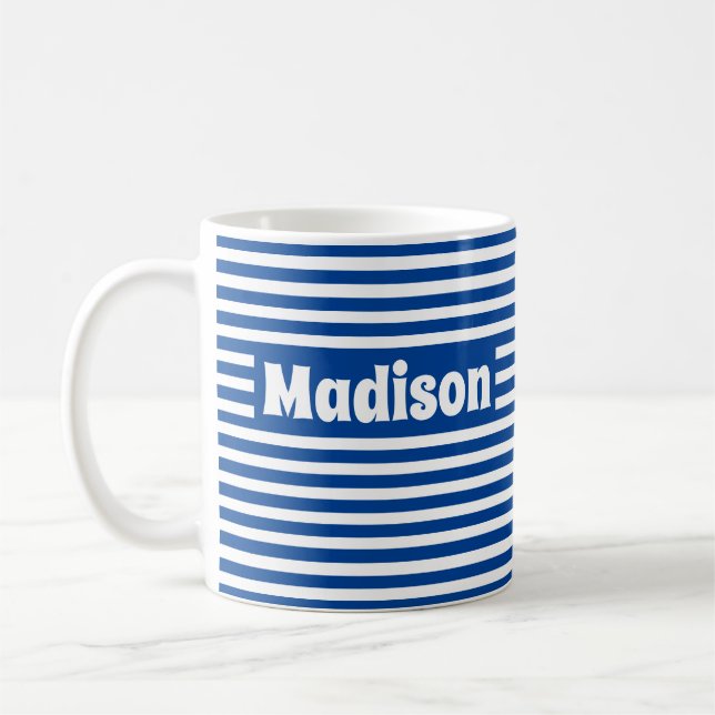 Mug Cute Simple Stripes Blue and White Nom personnalis (Gauche)