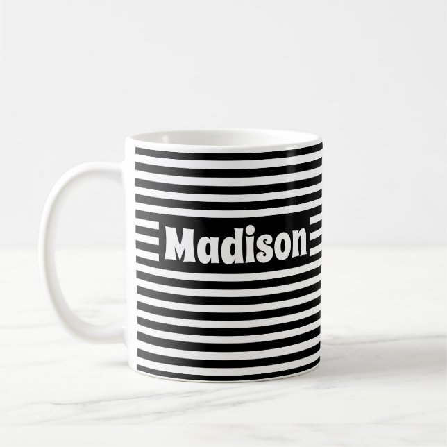 Mug Cute Simple Stripes Noir et Blanc Nom personnalisé (Gauche)