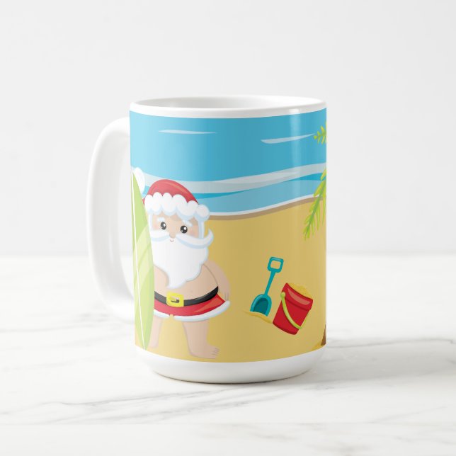 MUG CUTE SURF NOËL SANTA CLAUS SUR LA PLAGE (Devant gauche)