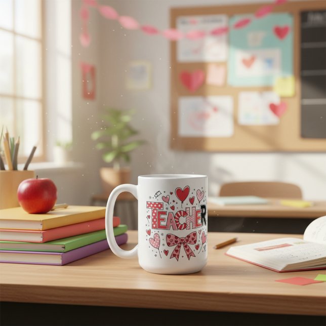 Mug Cute Teacher Valentine's Day Coquette Bow Heart  (Créateur téléchargé)