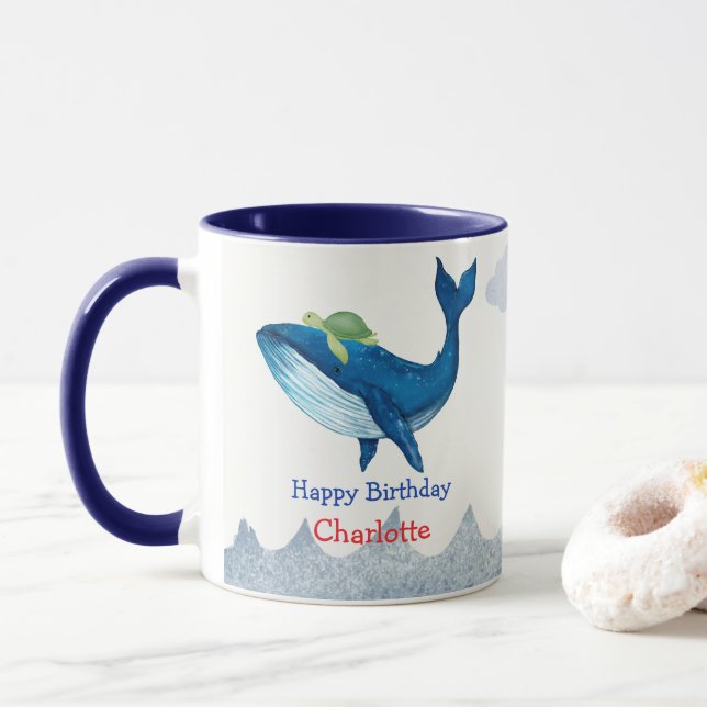 Mug Cute tortue Baleine course océan Anniversaire fête (Avec donut)