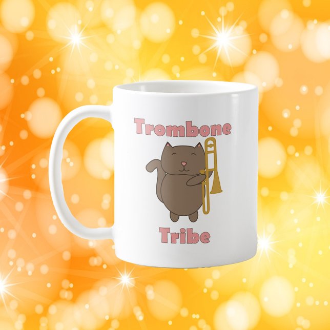 Mug Cute Trombone Cat Illustration Trombone Tribe  (A mug with a brown cat and a trombone along with the words trombone tribe)