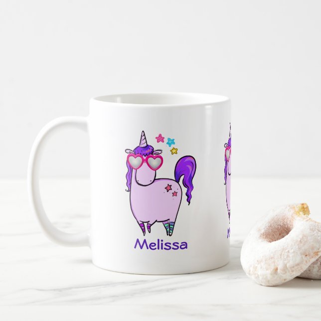 Mug Cute Unicorne dans les lunettes en forme de coeur (Avec donut)