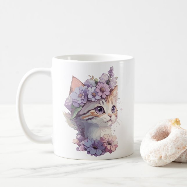 Mug Cute Violet Aquarelle Chat avec Flore (Avec donut)