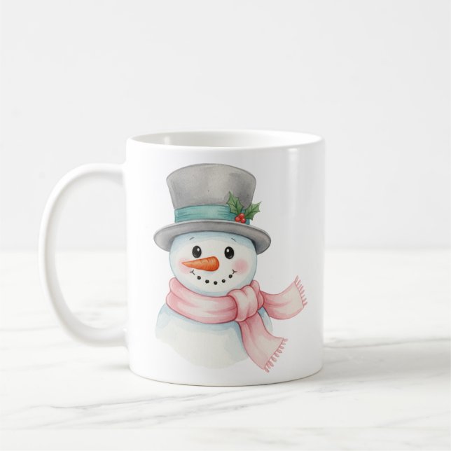 Mug Cute Watercolor Snowman with Pink Scarf Holiday (Gauche)