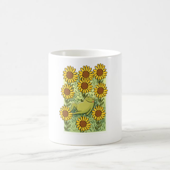 Mug Cute Whimsical Frog And Sunflowers Illustration (Centre)