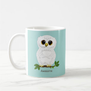 Mug Cute White Owl et Laurel Feuilles sur Turquoise