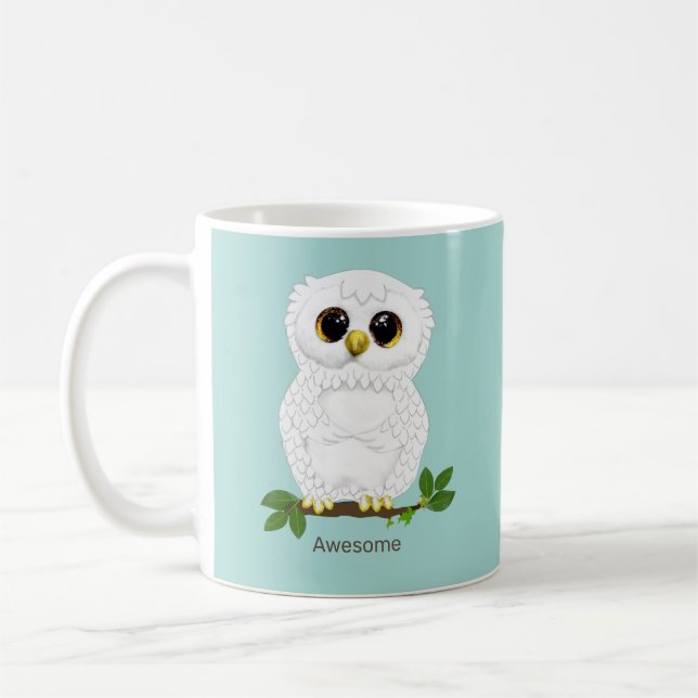 Mug Cute White Owl et Laurel Feuilles sur Turquoise (Gauche)