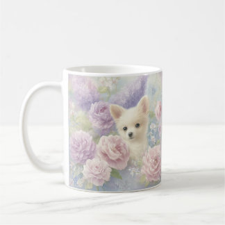 Mug cute white puppy with flowers