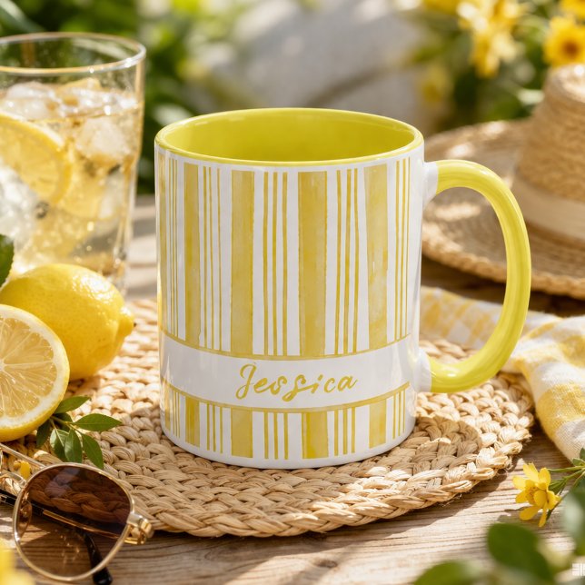 Mug Cute Yellow Striped Custom Name Coffee (Créateur téléchargé)