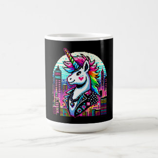 Mug Cyberpunk Unicorn Neon Pixel Art Cityscape Design