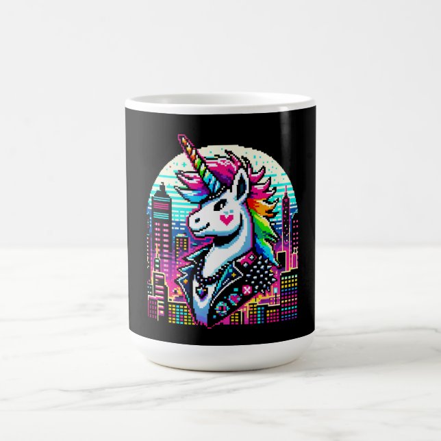 Mug Cyberpunk Unicorn Neon Pixel Art Cityscape Design (Centre)