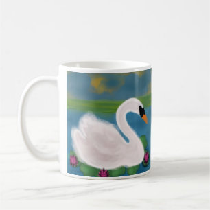 Mug Cygne blanc personnalisé dans un étang au coucher