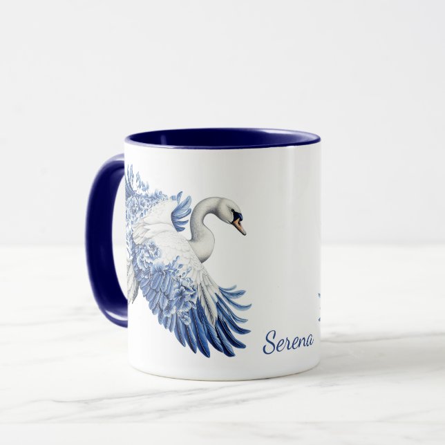 Mug Cygne Floral Flying Blue Monogramme (Devant gauche)