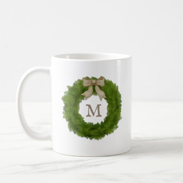 Mug Cypress Wreath With Ribbon Bow Custom Monogramme (Gauche)
