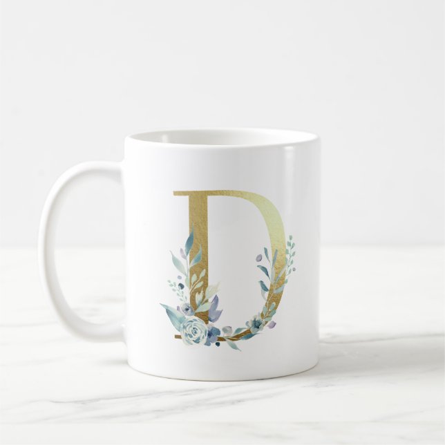 Mug D initial en or avec feuillage floral bleu (Gauche)