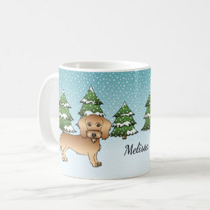 Mug Dachshund à poil dur blé dans une forêt hivernale