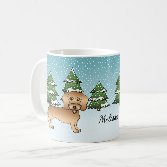 Mug Dachshund à poil dur blé dans une forêt hivernale (Devant gauche)