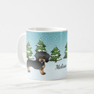 Mug Dachshund à poil dur noir et feu en forêt hivernal