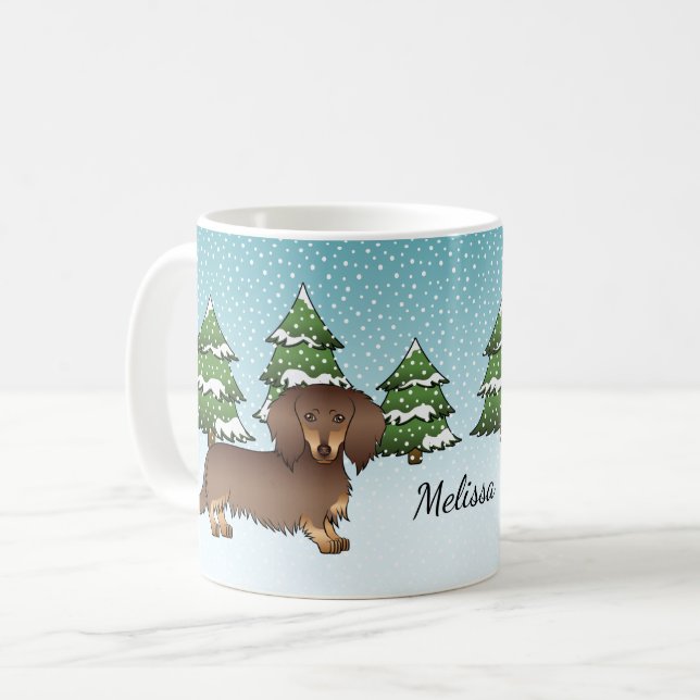 Mug Dachshund à poil long chocolat et feu Forêt d'hive (Devant gauche)