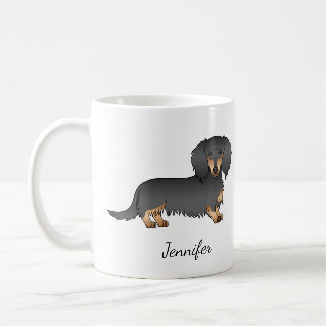 Mug Dachshund à poil long noir et feu Cartoon Chien &  (Gauche)