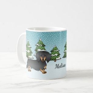 Mug Dachshund à poil long noir et feu - Forêt d'hiver