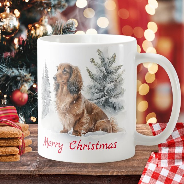 Mug Dachshund aux longs poils dans la neige Joyeux Noë (A festive coffee mug with picture of a long haired dachshund in snow, with Merry Christmas greeting)