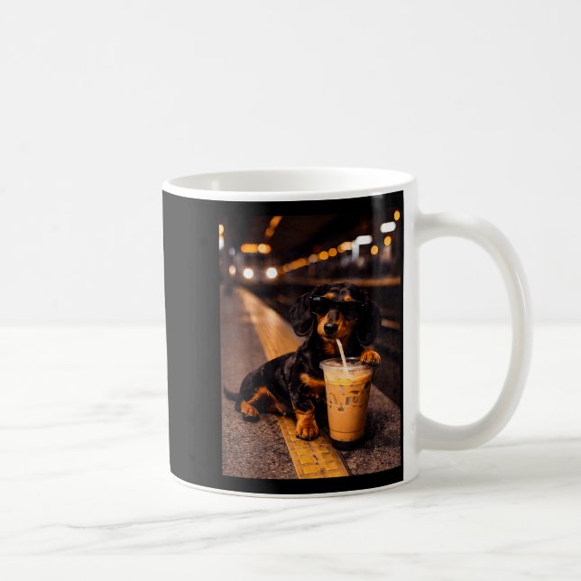 Mug Dachshund buvant un café glacé Mème d'animal drôle (Droite)