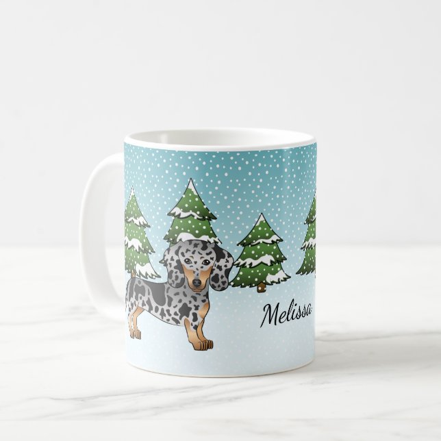 Mug Dachshund Cheveux Courte Noir & Tan En Hiver (Devant gauche)