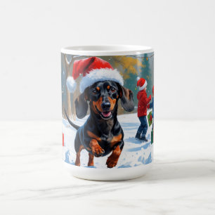 Mug Dachshund courant dans la neige avec un chapeau de