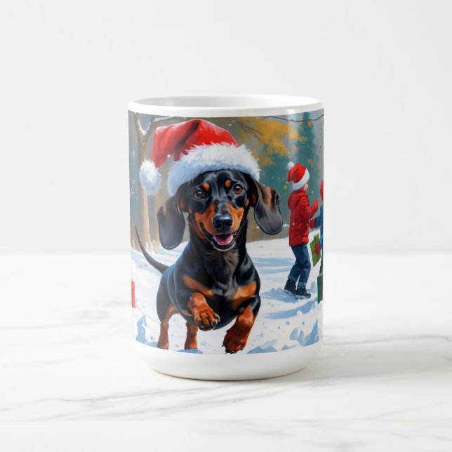 Mug Dachshund Courir en neige avec Casquette de Noël (Centre)