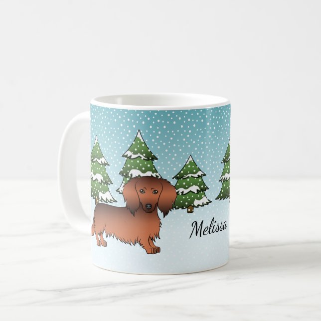 Mug Dachshund poil long couleur rouge renard - Forêt d (Devant gauche)