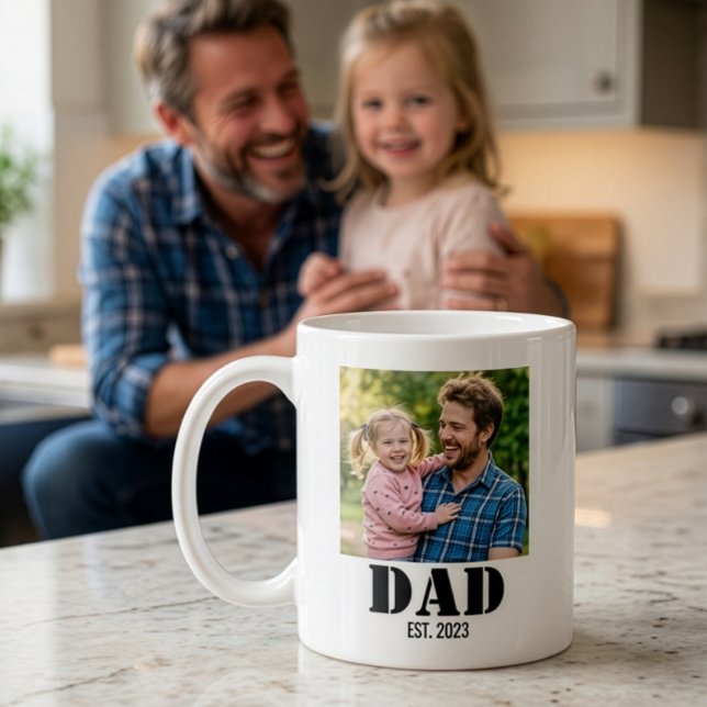 Mug Dad Established Simple Bold Black Font (Dad Established Simple Bold Black Text + Personalized Photo on Coffee Mug)