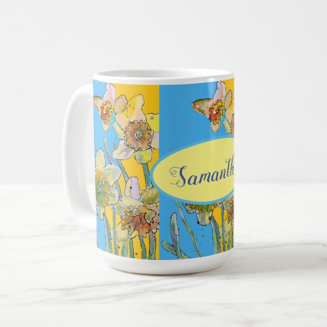 Mug Daffodil Peinture Aquarelle Jaune Bleu floral (Devant gauche)
